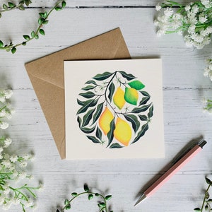 Carte de voeux plante citron - carte d'art aquarelle - agrumes botanique - fruits illustrés - nature - intérieur vierge - enveloppe incluse