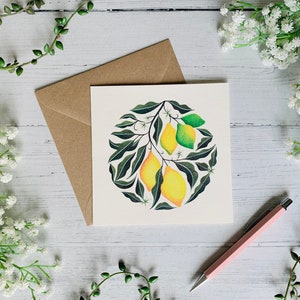 Lemon Plant Greeting Card - Watercolour Art Card - Botanical Citrus - Illustrated Fruit - Nature - Blank Inside - Envelope Included