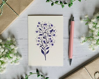 Carte postale de fleurs sauvages pourpres - Lune et étoiles - Nature Illustrated - Aquarelle Fleurs et feuilles Carte-notes - Carte A6 - Petits tirages d’art