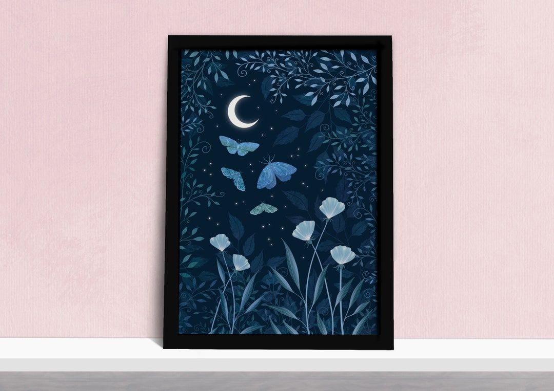 Moon and Moths Art Print - Magical Starry Night Poster - Dark Blue ...
