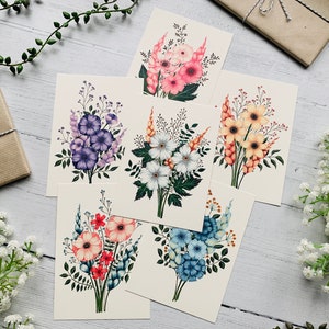 Lot de 6 cartes postales bouquets de fleurs printaniers - feuilles de fleurs pastel - paquet de cartes de correspondance botanique - nature illustrée - cartes d'art - mini impressions