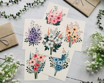 Bouquets floraux printaniers Set de 6 cartes postales - Feuilles de fleurs pastel - Botanical Notecards Pack - Nature Illustrated - Cartes d’art - Mini Estampes