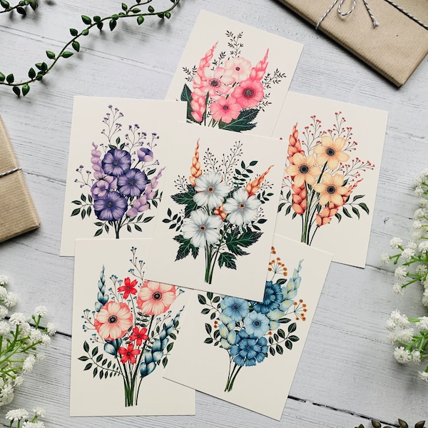 Spring Floral Bouquets Set of 6 Postcards - Pastel Flowers Leaves - Botanical Notecards Pack - Nature Illustrated - Art Cards - Mini Prints