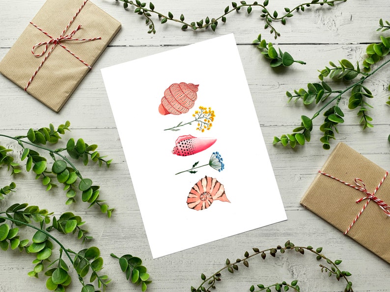 Blue Watercolour Illustration Artists Print A5 Coastal Wildflowers and Shells Art Print A4 or A3 Beach Seashells Poster