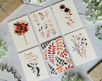 Autumn Floral Postcard Set of 6 - Autumnal Botanical Collection - Fall Watercolour Neutral Tonal Notecards Pack - Art Cards - Thanksgiving