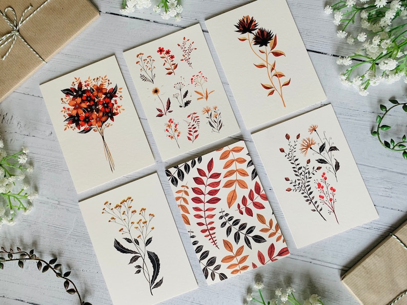 Autumn Floral Postcard Set of 6 Autumnal Botanical Collection Fall Watercolour Neutral Tonal Notecards Pack Art Cards Thanksgiving image 1