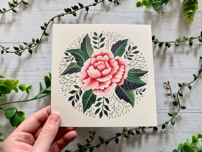 Dainty Floral Card Small Art Print Watercolour Garden Flower Nature Illustrated Pink Peony Postcard Botanical Notecard