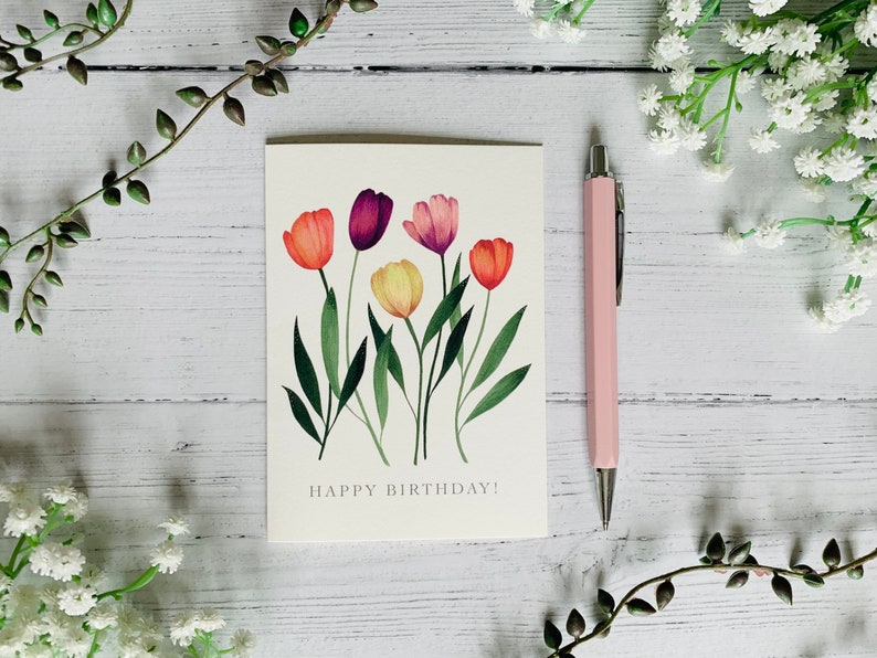 Tulips Happy Birthday Greeting Card Bright Garden Floral Illustration Art Card Watercolour Flowers Gift for Gardeners image 3