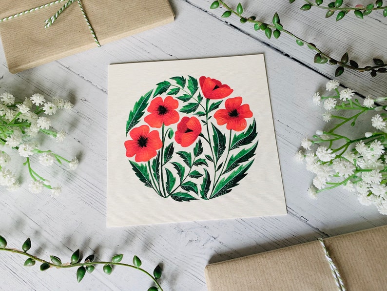 Poppy Greeting Card Floral Poppies Watercolour Illustrated Art Card Botanical Flower Painting Blank Inside Envelope Included image 5