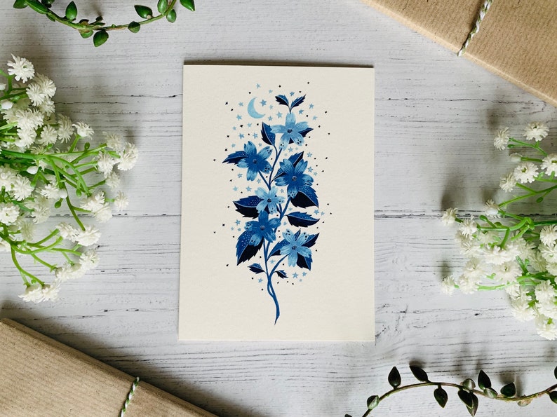 Set of 6 Cosmic Floral Postcards Moon and Stars Collection Space Watercolour Blue and Purple Notecards Pack Art Cards image 5