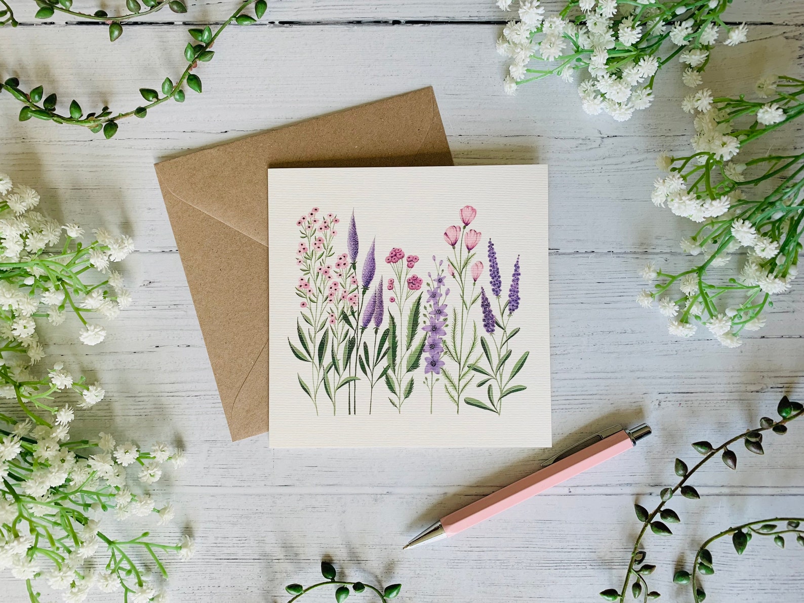 Pink and Purple Wildflowers Greeting Card - Illustrated Tiny Flowers ...