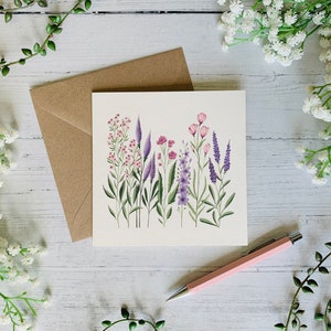 Rosa und Lila Wildblumen Grußkarte - Illustrierte kleine Blumen - Aquarell Natur Botanische Kunst Karte - Leere Innenseite - Umschlag