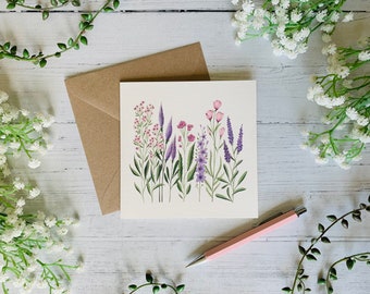 Pink and Purple Wildflowers Greeting Card - Illustrated Tiny Flowers - Watercolour Nature Botanical Art Card - Blank Inside - Envelope