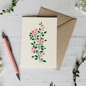 Carte de vœux florale rose - Art botanique illustré - Fleur aquarelle - A6 - Fleur sauvage - Intérieur vierge - Enveloppe incluse