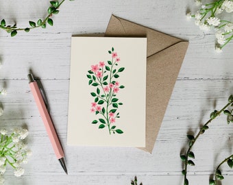 Pink Floral Greeting Card - Botanical Illustrated Art - Watercolour Flower - A6 - Wildflower - Blank Inside - Envelope Included