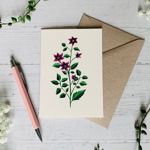 Carte de voeux de fleurs violettes - Botanical Illustrated Art - Aquarelle Floral - A6 - Fleurs sauvages - Intérieur vierge - Enveloppe incluse