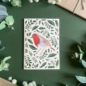 Rotkehlchen Postkarte - Festlicher Weihnachtsvogel - Feiertagskarte - Botanische Xmas Illustrated Art Karte - A6