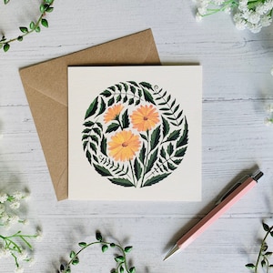 Carte de voeux fleurs de souci - carte d'art illustrée aquarelle - botanique floral jaune - intérieur vierge - enveloppe incluse