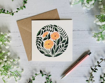 Marigold Flowers Greeting Card - Watercolour Illustrated Art Card - Yellow Floral Botanical - Blank Inside - Envelope Included