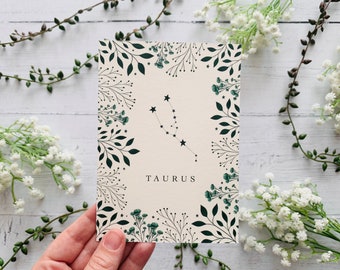 Taurus Zodiac Postcard - Starsign Constellation - Teal Floral Nature Illustrated - Flowers Leaves Notecard - Cosmic Celestial Art Print