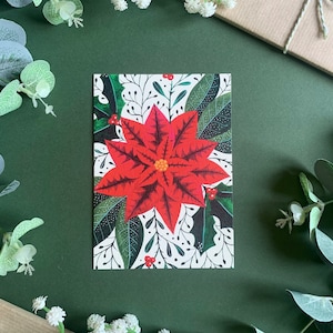 Christmas Postcard - Poinsettia Holly Mistletoe - Botanical Xmas Illustrated Art Card - A6