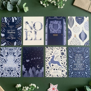 Lot de 8 cartes de Noël bleues - Noël scandinave - lot de 8 cartes d'art folkloriques bleues - aquarelle botanique