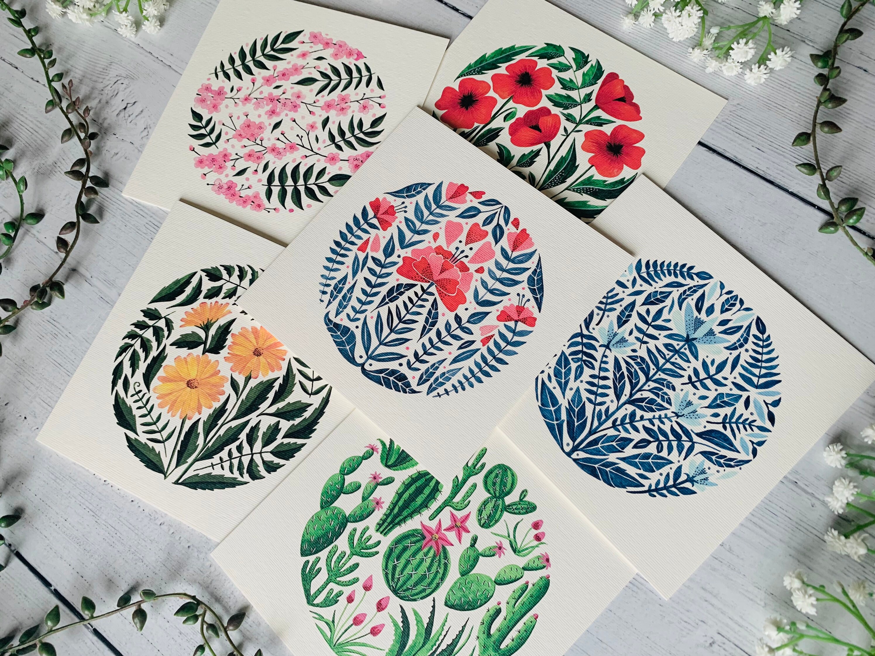 Greeting Card Pack of 6 - Floral Art Cards Multipack - Watercolour ...