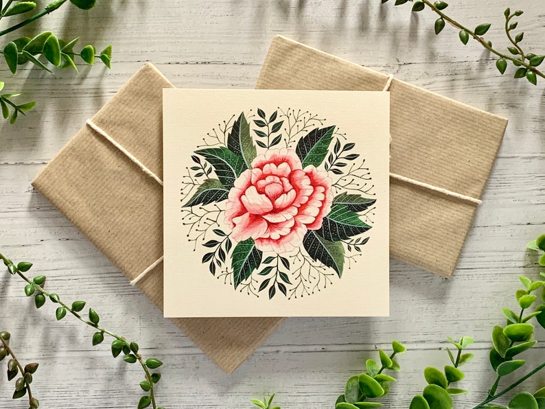 Dainty Floral Card Small Art Print Watercolour Garden Flower Nature Illustrated Pink Peony Postcard Botanical Notecard