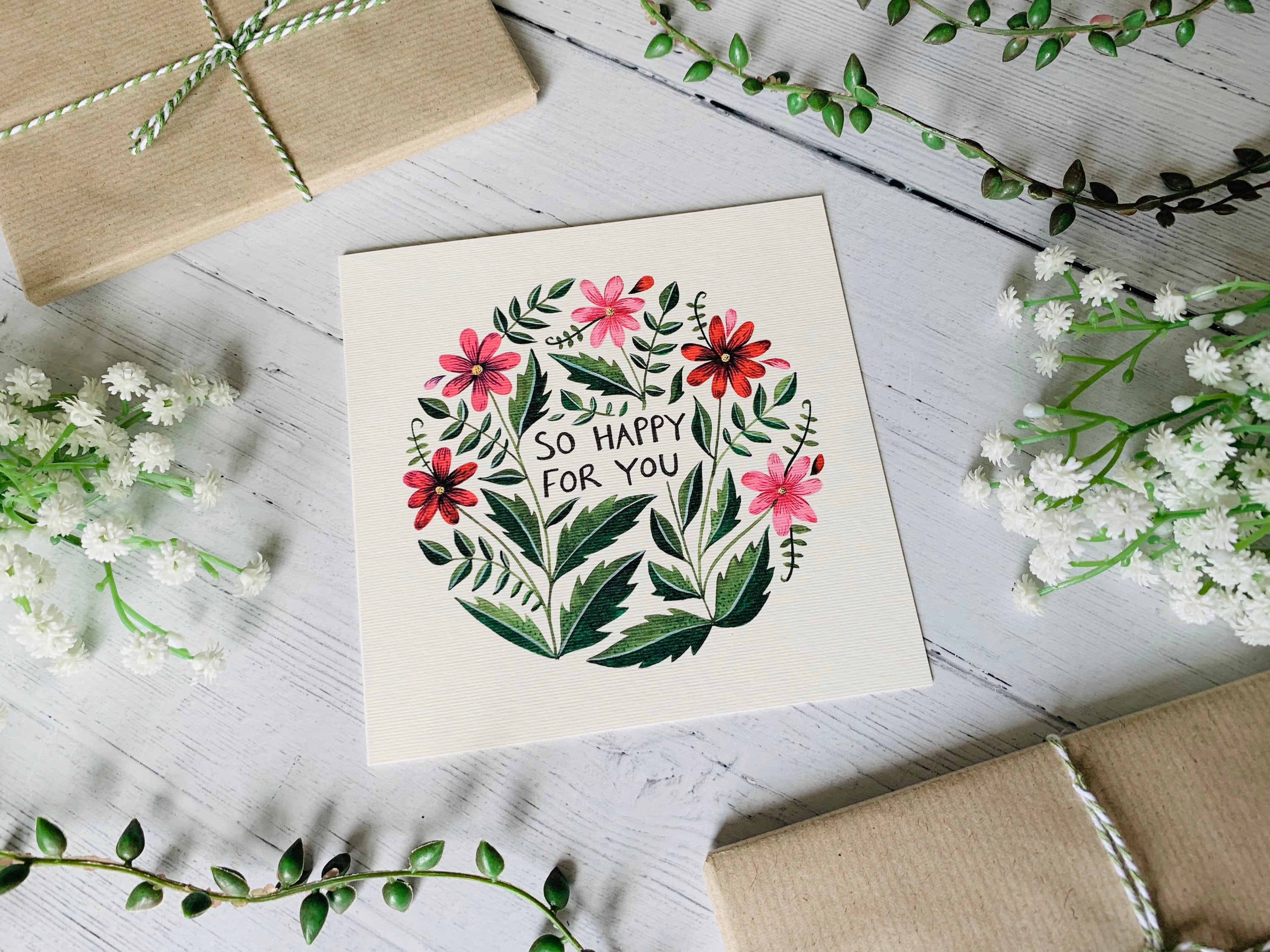 Congratulations Card - Illustrated so Happy for You - Floral Watercolor ...