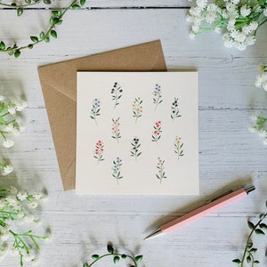 Little Flowers Greeting Card - Illustrated Tiny Dainty Wildflowers - Watercolour Nature Botanical Art Card - Blank Inside - Envelope