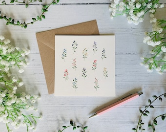 Little Flowers Greeting Card - Illustrated Tiny Dainty Wildflowers - Watercolour Nature Botanical Art Card - Blank Inside - Envelope