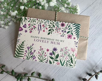 Lovely Mum or Mom Birthday Card - Luxury Floral Happy Bday Card - Pink and Purple Garden Flowers - Eco Friendly Gift for Her