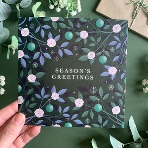 Baubles and Roses Tree Christmas Card Seasons Greetings Green and Blue Roses Luxury Xmas Floral Holiday Card Kraft Envelope Included image 4