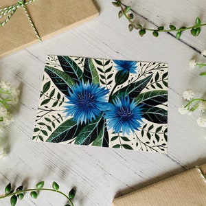Carte postale bleuet - fleur de jardin - nature illustrée - aquarelle - carte floral bleu botanique A6 - petite impression d'art