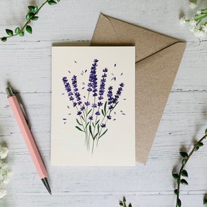 Lavender Greeting Card - Botanical Floral Illustrated Art - Watercolour Purple Flower - A6 - Wildflower - Blank Inside - Envelope Included