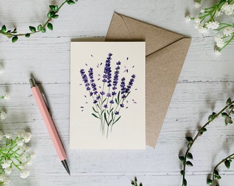 Lavender Greeting Card - Botanical Floral Illustrated Art - Watercolour Purple Flower - A6 - Wildflower - Blank Inside - Envelope Included