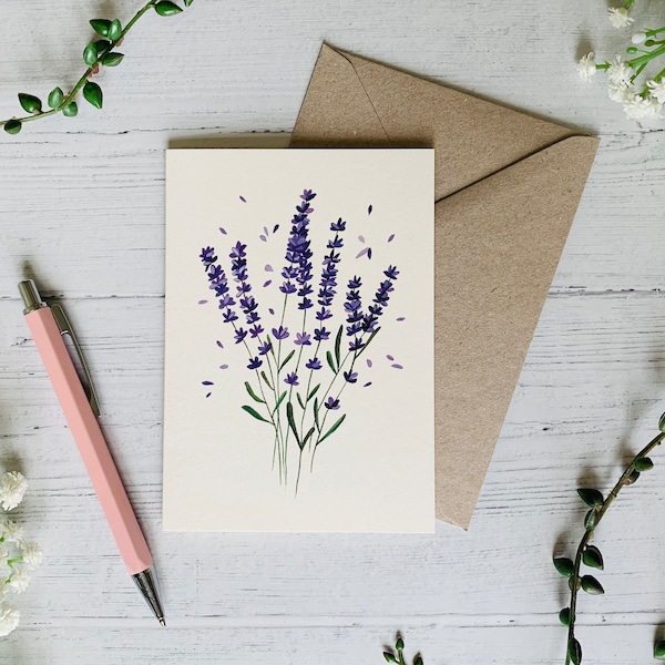 Lavender Greeting Card - Botanical Floral Illustrated Art - Watercolour Purple Flower - A6 - Wildflower - Blank Inside - Envelope Included
