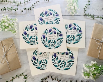 Set di 6 biglietti di ringraziamento - Confezione di biglietti di auguri floreali ad acquerello - Stile folk - Grazie mille illustrato - Interno vuoto