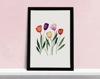 Colourful Tulip Field Art Print -  Bright Floral Poster - Simple Elegant Tulips Watercolour Illustration - Gift for Gardeners - A5, A4 or A3