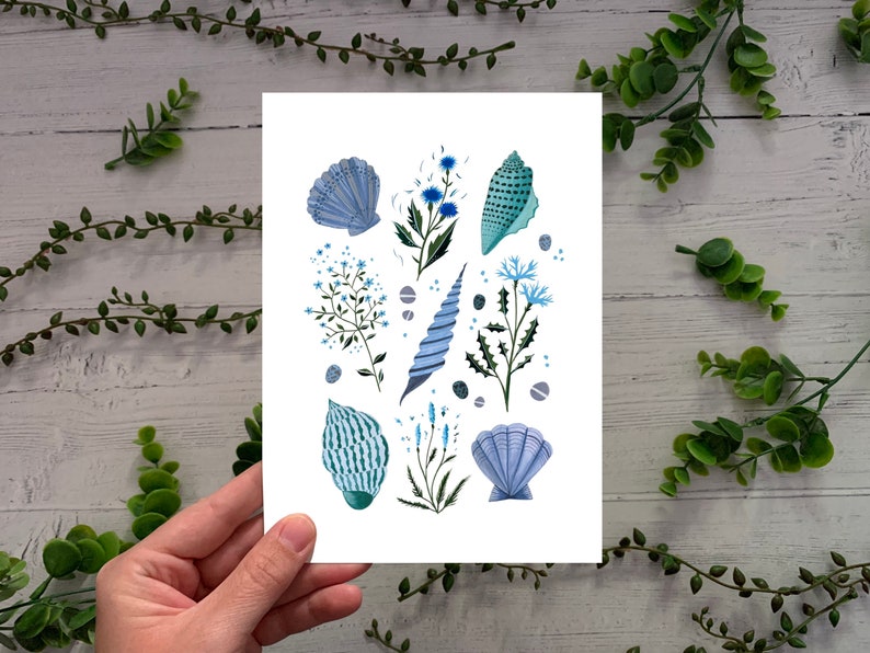 Blue Watercolour Illustration Artists Print A5 Coastal Wildflowers and Shells Art Print A4 or A3 Beach Seashells Poster