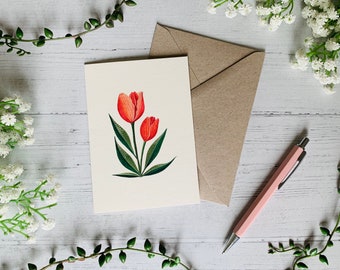 Orange Tulip Botanical Greeting Card - Floral Illustrated Art - Watercolour Nature Flower - A6 - Blank Inside - Envelope Included