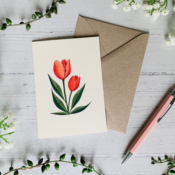 Orange Tulip Botanical Greeting Card - Floral Illustrated Art - Watercolour Nature Flower - A6 - Blank Inside - Envelope Included