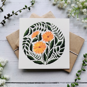 Ringelblumen Postkarte - Aquarell Gelbe Blumen Karte - Natur Illustriert - Botanische Karte - Kleiner Kunstdruck