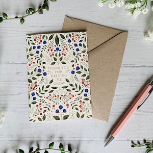 Merci de m'avoir aidé à grandir Carte de voeux pour les enseignants - Art illustré floral folklorique botanique - Intérieur vierge - Enveloppe incluse