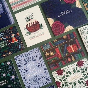 Ensemble mystère de cartes festives – Ensemble de luxe classique assorti de cartes d'art botaniques de Noël – Multipack de vacances