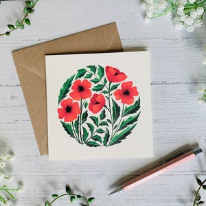 Poppy Greeting Card - Floral Poppies - Watercolour Illustrated Art Card - Botanical Flower Painting - Blank Inside - Envelope Included