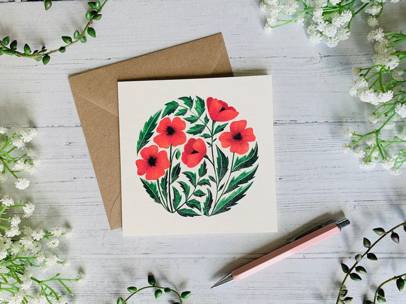 Poppy Greeting Card Floral Poppies Watercolour Illustrated Art Card Botanical Flower Painting Blank Inside Envelope Included image 1