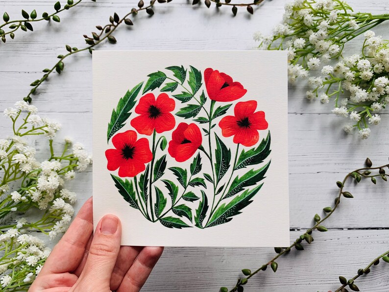Poppy Greeting Card Floral Poppies Watercolour Illustrated Art Card Botanical Flower Painting Blank Inside Envelope Included image 6