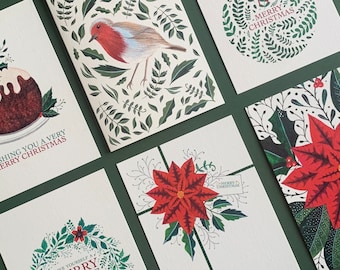 Conjunto de postales navideñas de 6 - Paquete múltiple de tarjetas de arte con ilustración de follaje navideño festivo botánico - Acuarela botánica