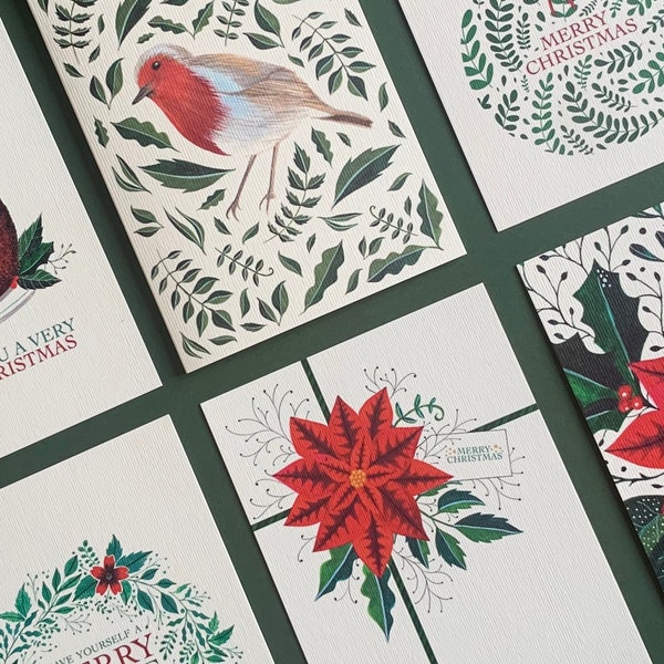 Kerstkaartenset van 6 - Botanische Feestelijke Kerstgebladerte Illustratie Art Card Multipack - Aquarel Botanisch